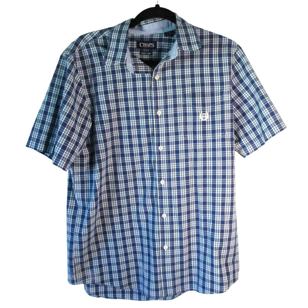 Chaps Men's Easy Care Blue Checked Short Sleeve Button Front Shirt Size Medium